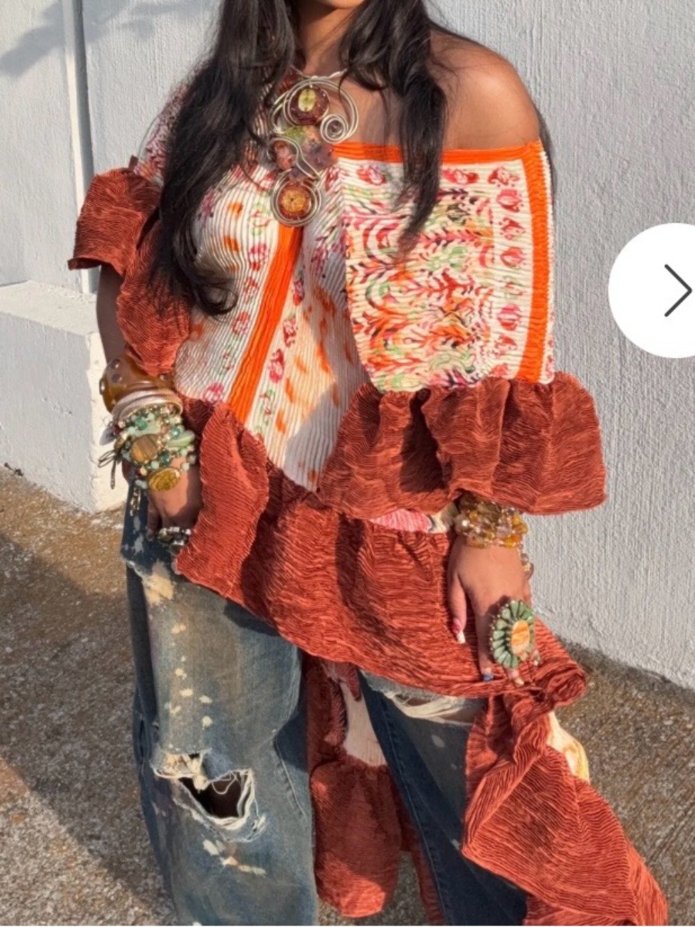 Boho Off-Shoulder Ruffle Tunic in Rust Orange and Cream